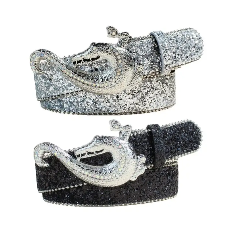 

652F Sparkling Rhinestones Waist Belt For Music Festivals Parties PU Leather Waist Girdle Adjustable Strap Ornament