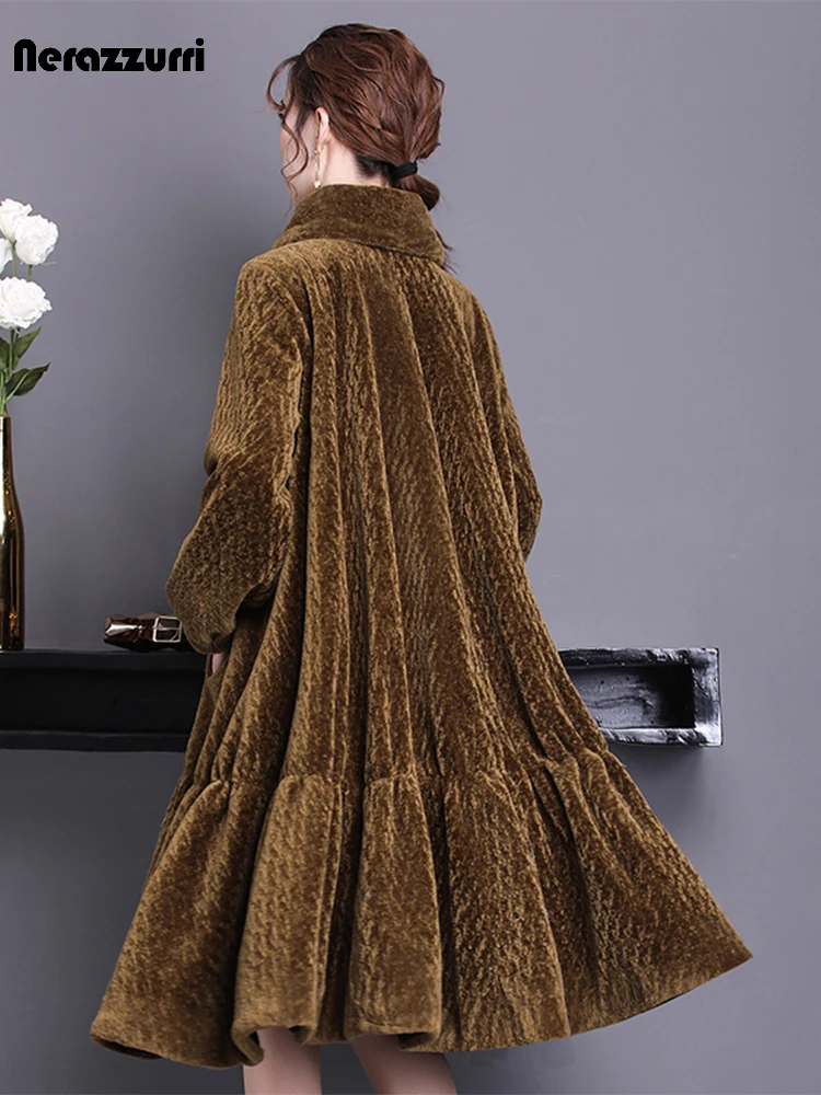 Nerazzurri Winter Skirted Oversized Real fur coat women 2021 Runway Stylish Sheep Fur Jacket Warm Soft Sheared Lamb Fur Overcoat