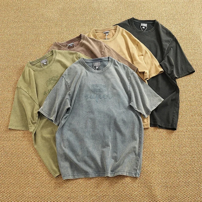 

2026 summer new heavy cotton washing old T-shirt men loose round neck vintage off short sleeves