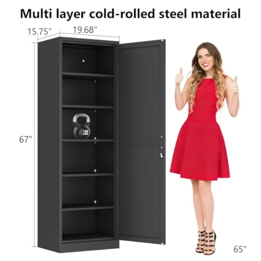 Tall Narrow Slim Metal Storage Cabinet with Lock and 5 Adjustable Shelves, Steel File Cabinets, Kitchen Pantry Cabinet Locker O