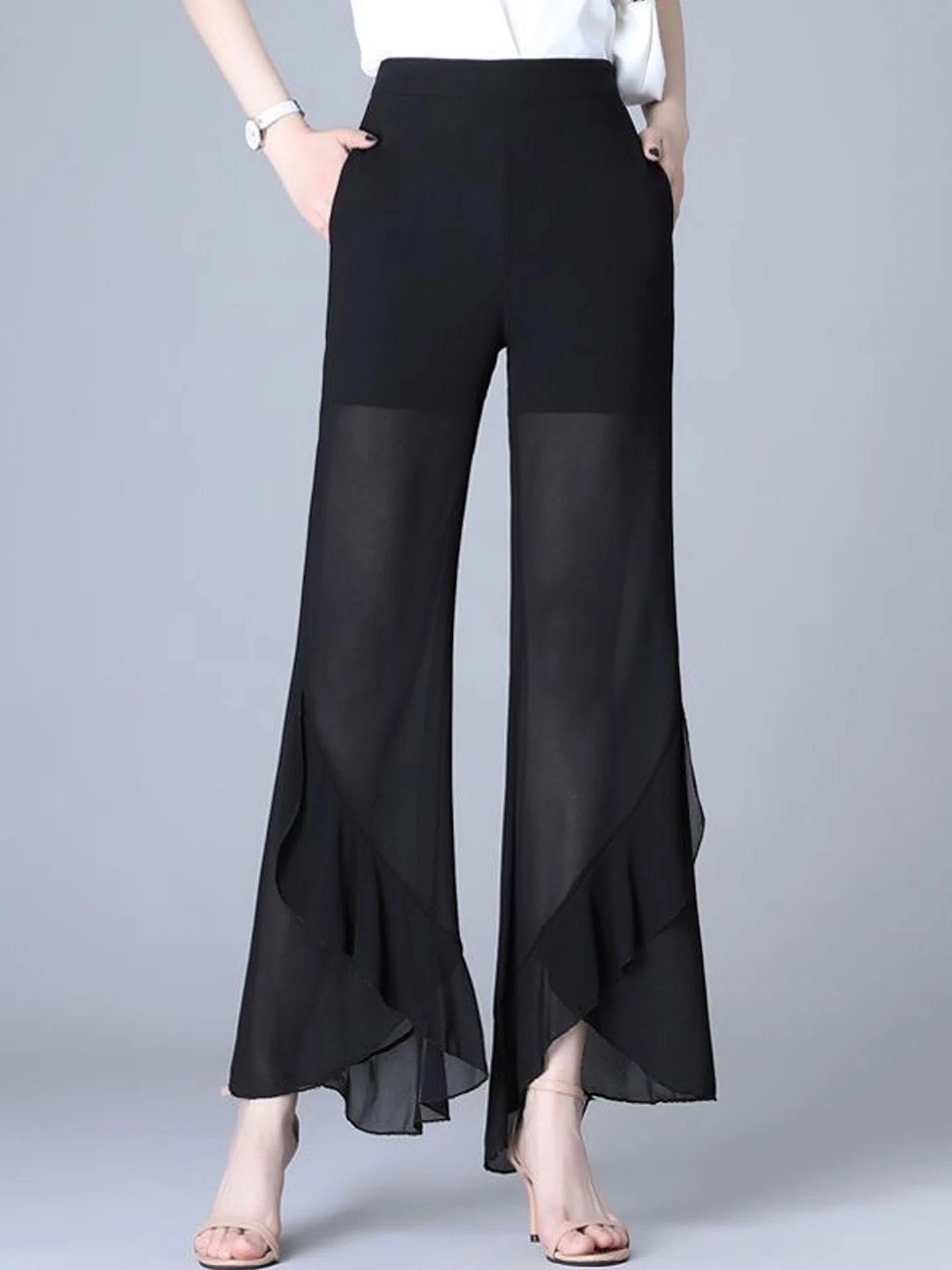 Women's Chiffon Wide Leg Pants Autumn New Style Thin Hanging Sensation Slimming Draping Small Fish Tail Flared Pants Nine Points