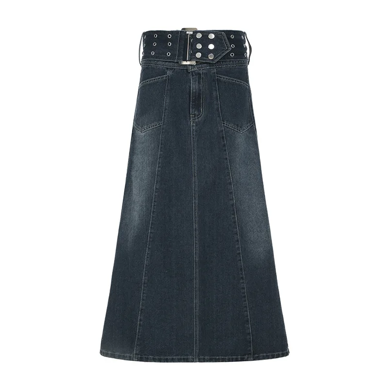 

Винтажные темно-синие джинсовые юбки с поясом, лоскутная джинсовая юбка длиной до щиколотки для женщин, свободные потертые юбки трапециевидной формы с высокой талией