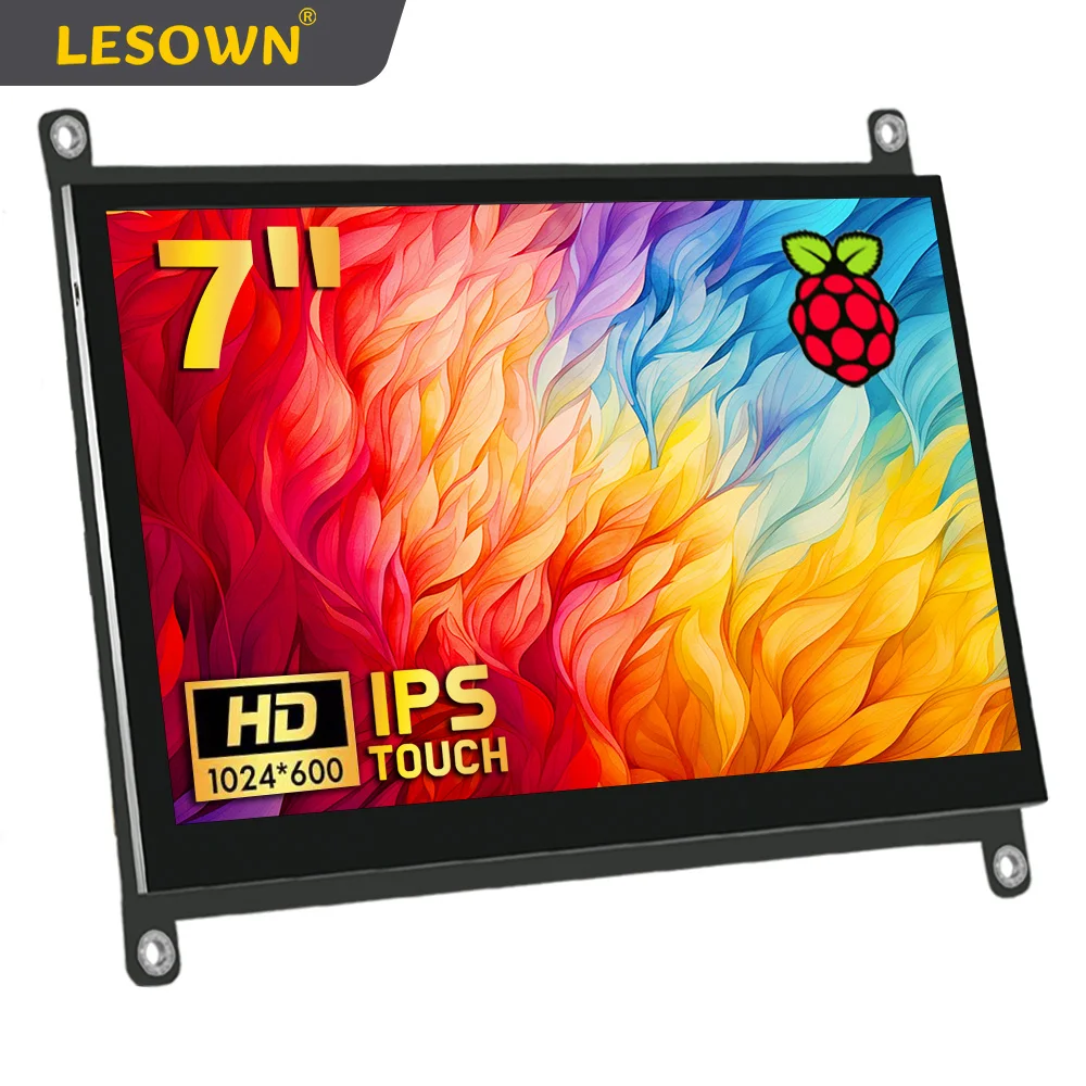 

LESOWN Touchscreen Auxiliary Monitor 7 Inch HDMI Monitor 1024x600 Wide IPS LCD External Screen Compatible with RPI 5/4/3 Windows