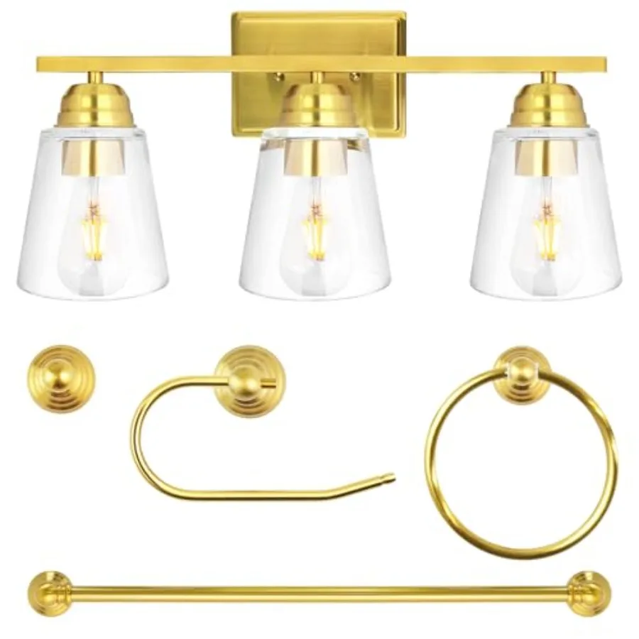 

3-Light Vanity Light Fixture 5-Piece All-in-One Bathroom Set with Towel Bar Ring Robe Hook Toilet Paper Holder for Gold Wall Li