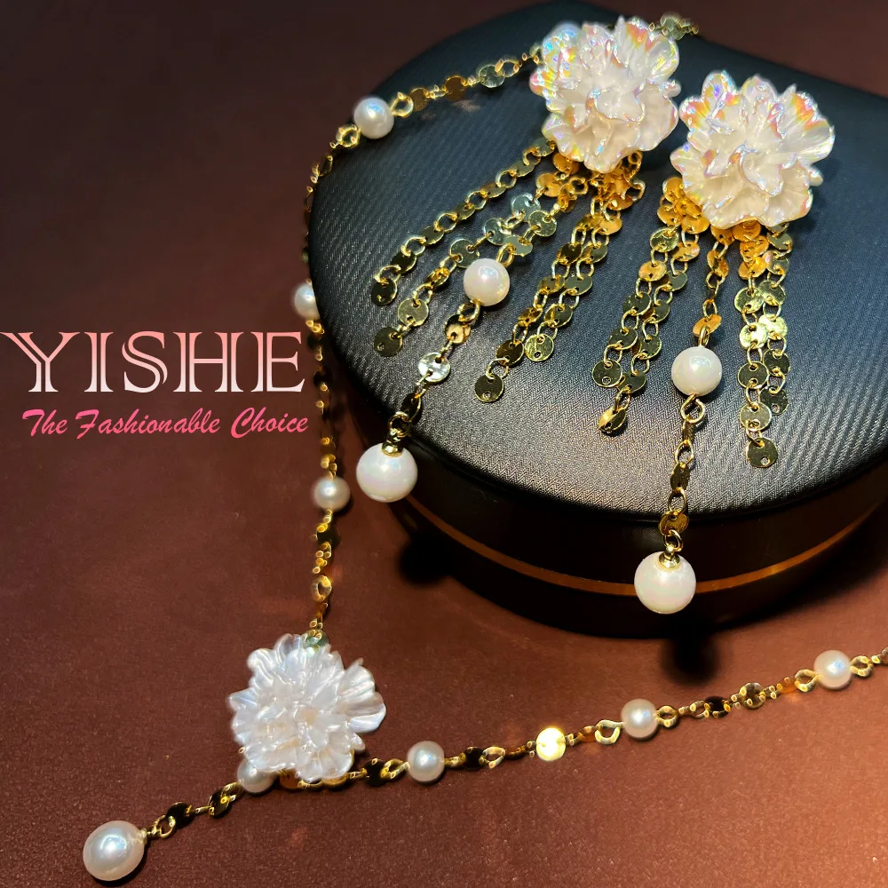 18K camellia jewelry set, niche copper-plated real gold Internet celebrity explosion pearl fringed earrings necklace