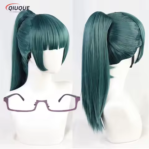 Maki Zenin Cosplay Wig Anime Dark Grenn Ponytail Heat Resistant Synthetic Hair Cosplay Wigs + Wig Cap + Glasses