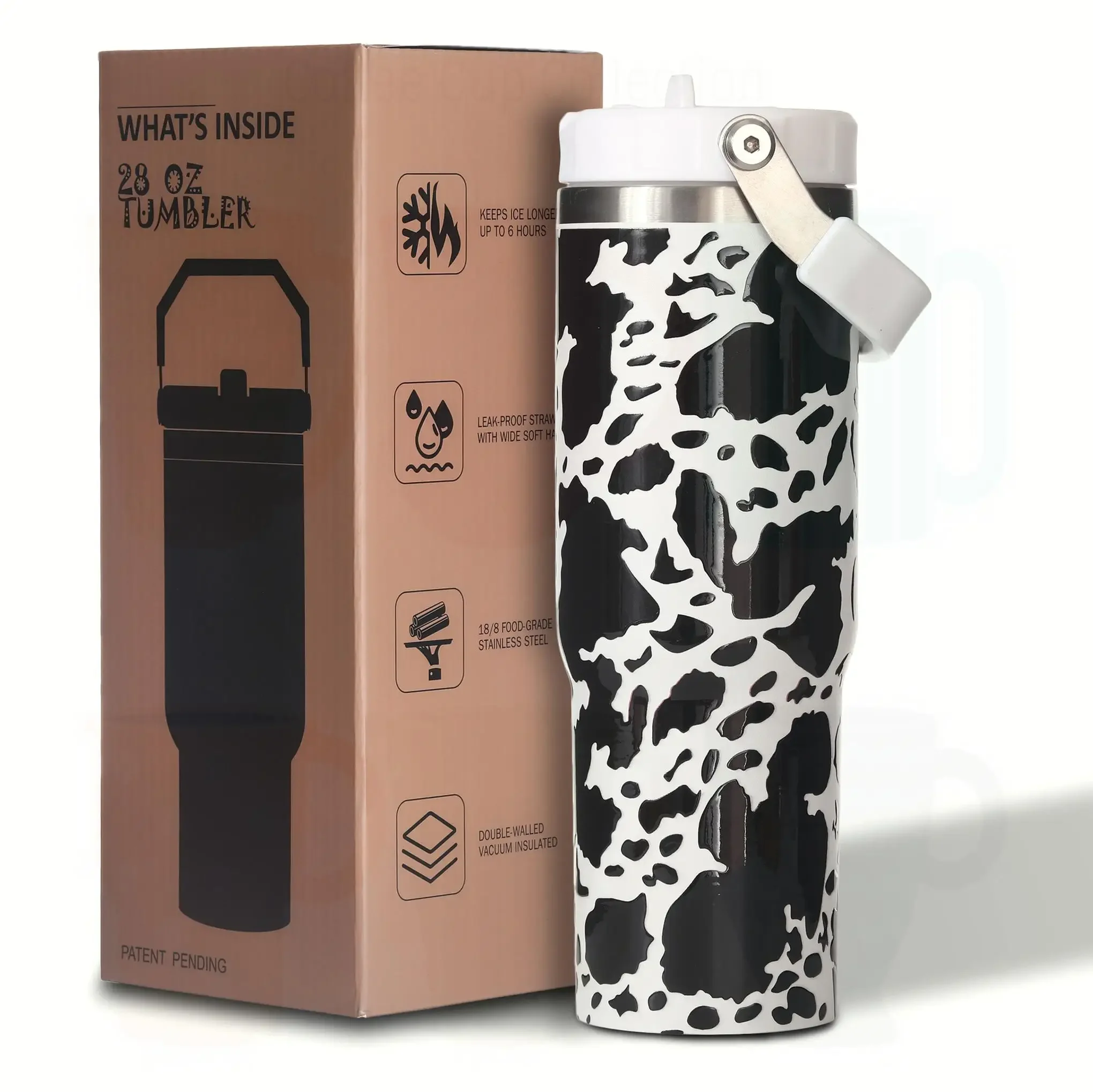 

30oz Cow Print Vacuum Tumbler with Straw Lid and Handle, Stainless Steel Insulated Cup, Wide Mouth, Gift for Her