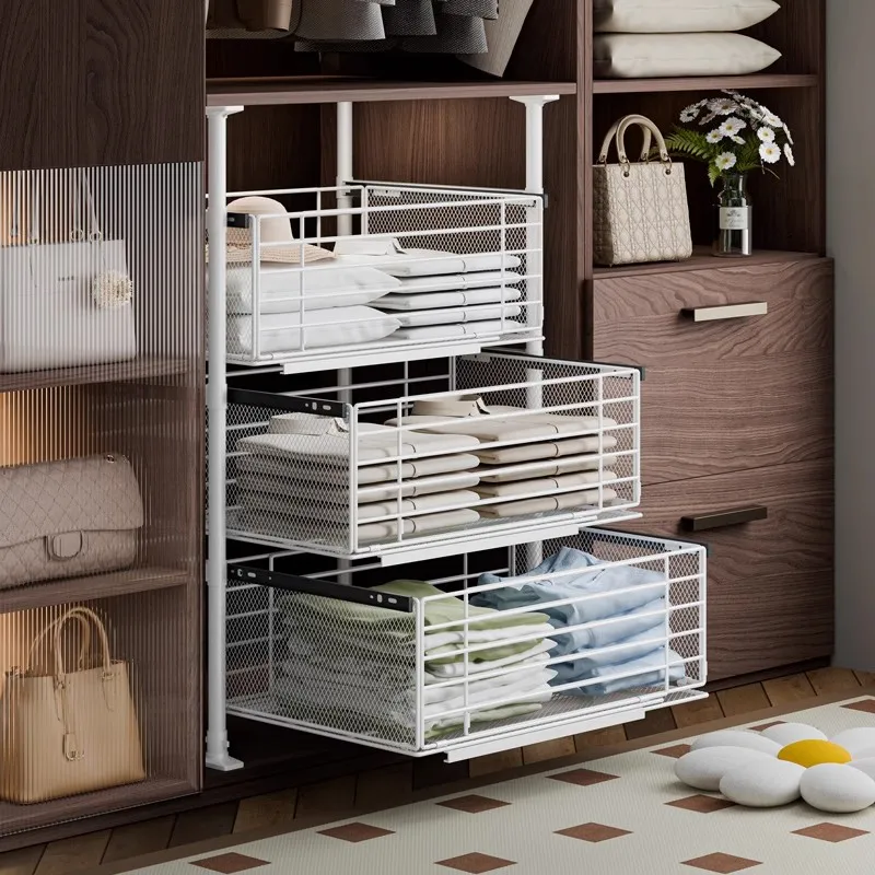 Wardrobe storage layered artifact pull basket drawer baffle stand tall cabinet clothes telescopic finishing rack