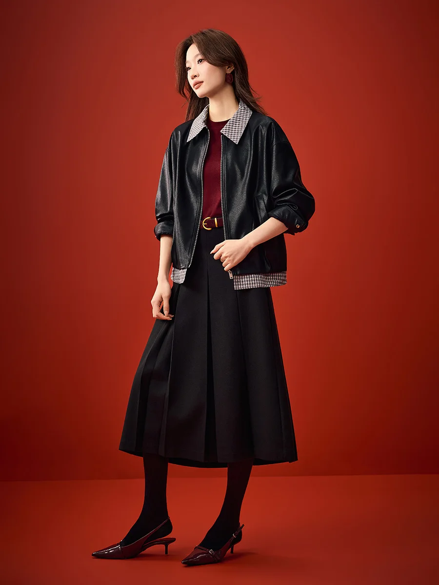 Jaqueta de Couro Cool Sle Ort para Mulheres, Pulôver Solto com Ombros Caídos, Moda Primavera 2026