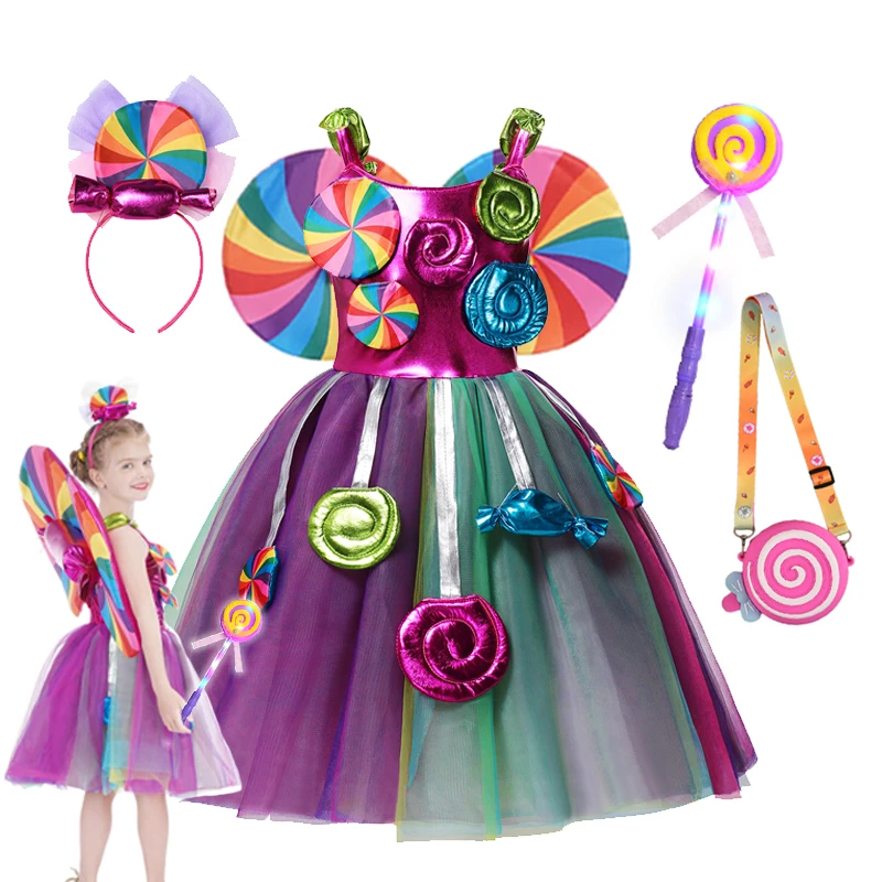 

Фестиваль Пурима 2025 года, карнавальный костюм леденца для девочек, нарядная фея на день рождения, фантазийная одежда, детское яркое радужное платье, платье