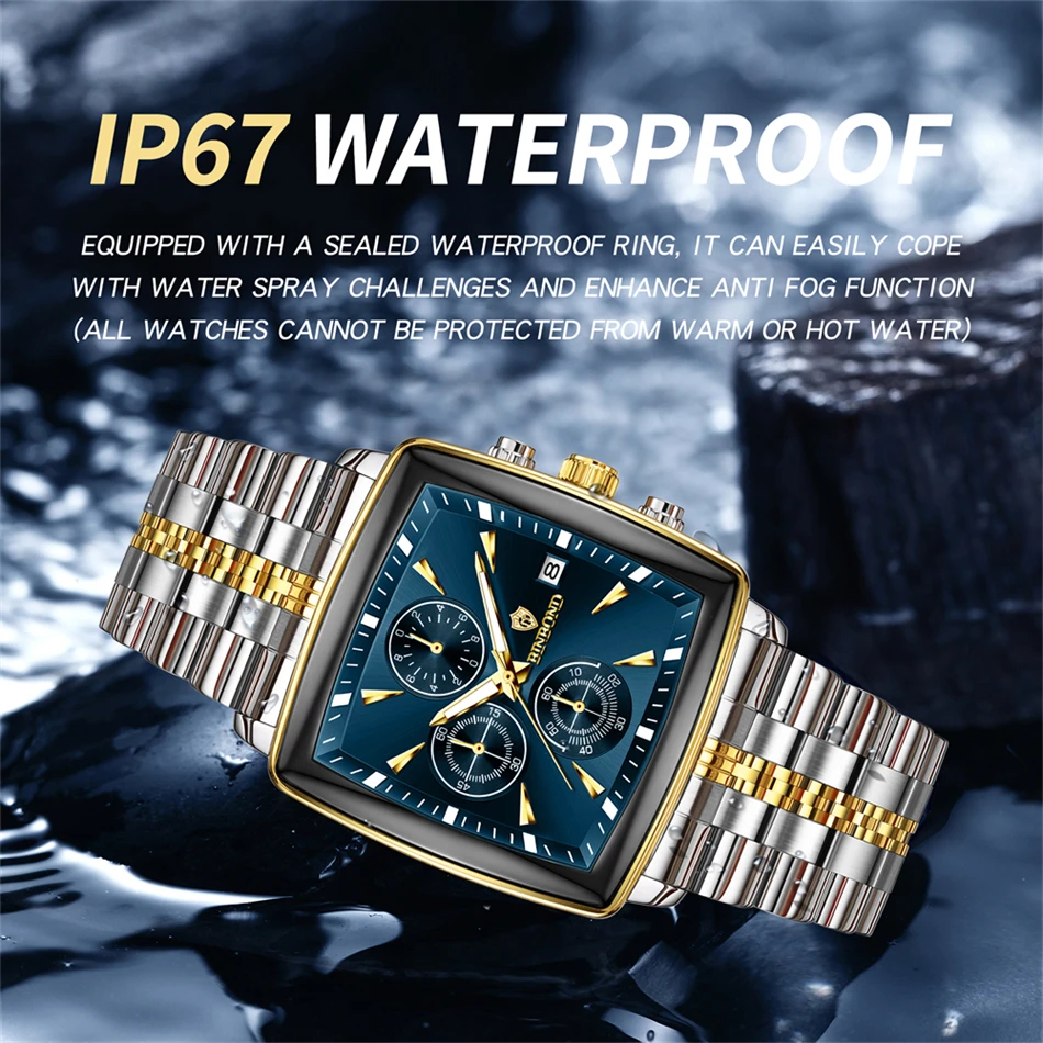 BINBOND موضة ساعة رجالية مضيئة Waterpro من كرونوغراف تاريخ رجل ساعة اليد مربع الفولاذ المقاوم للصدأ كوارتز ساعات رجالية Reloj