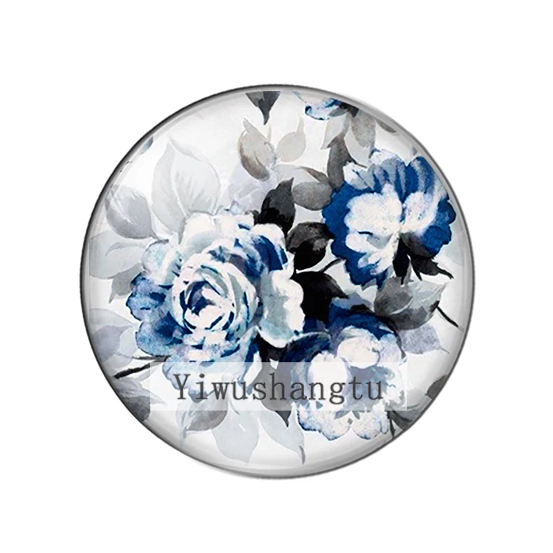 Fashion watercolor blue lotus art flower paintings 12mm/18mm/20mm/25mm Round photo glass cabochon demo flat back Making findings