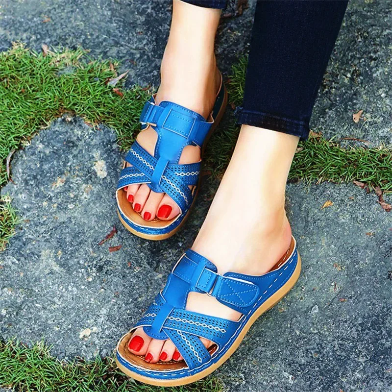 2024 Summer Women Wedge Sandals Premium Orthopedic Open Toe Sandals Vintage Anti-slip Leather Casual Female Platform Retro Shoes