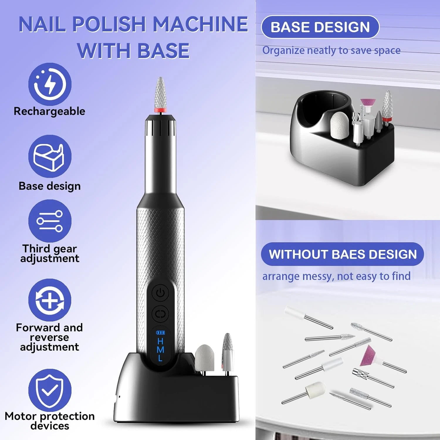 

Professional Rechargeable Nail Drill Kit - Portable Beauty Tool for Acrylic, Manicure, Pedicure - Grinder, Polisher, Trimmer - W