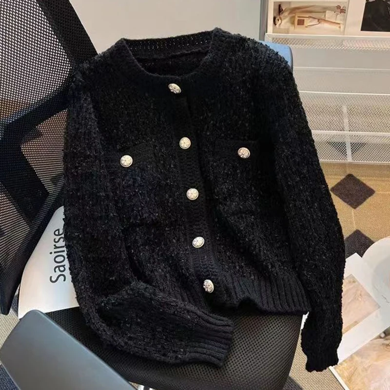 Women Single Breasted Round Neck Cardigan 2025 Autumn Winter Korean Fashion Womens Clothing Long Sleeve Thick Sweater Female