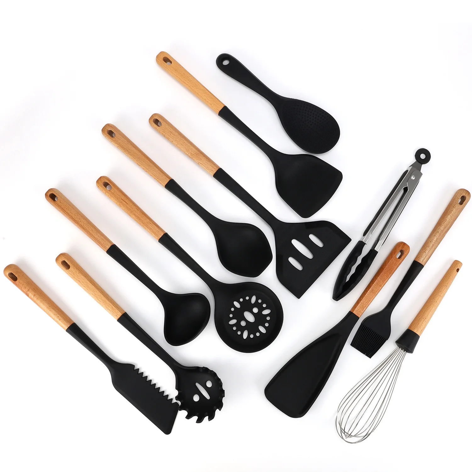 New Black 1Pcs Silicone Cooking Utensil Set Wooden Handle Spatula Soup Spoon Oil Brush Colander Non-stick Cookware Kitchen Tools