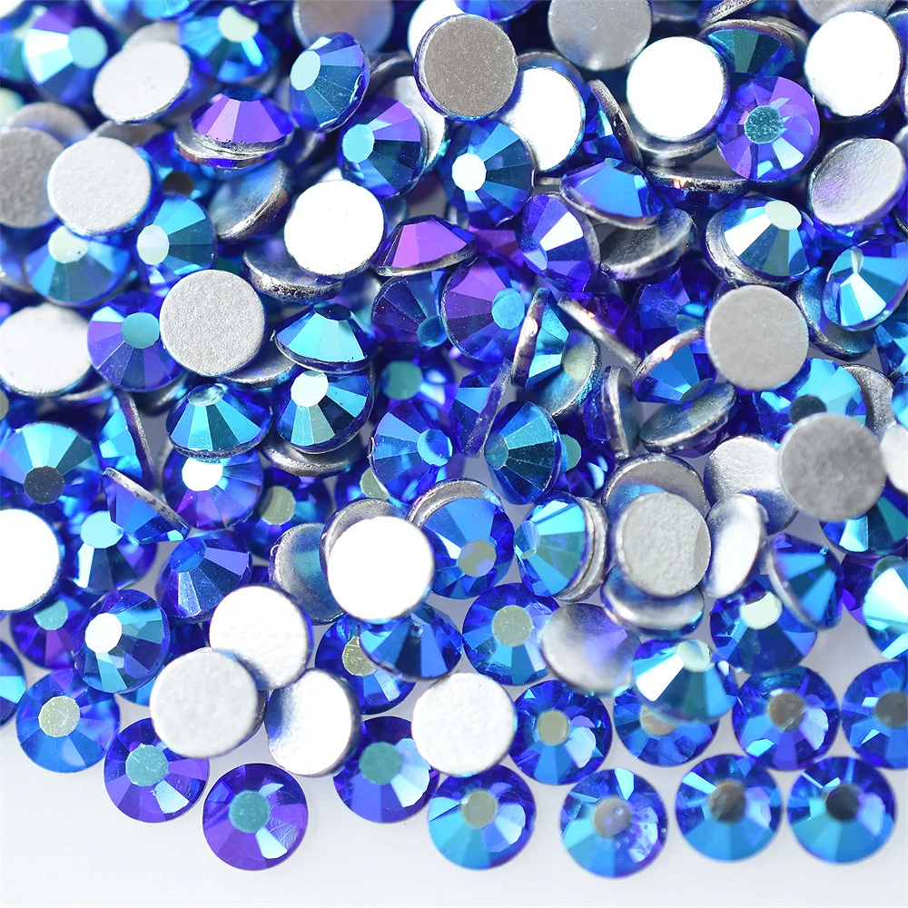 SWAGPICK Sapphire Blue AB Glass Glitter Flatback Rhinestones Nail Art Decorations Non HotFix Glue on DIY Crystal Accessory Charm