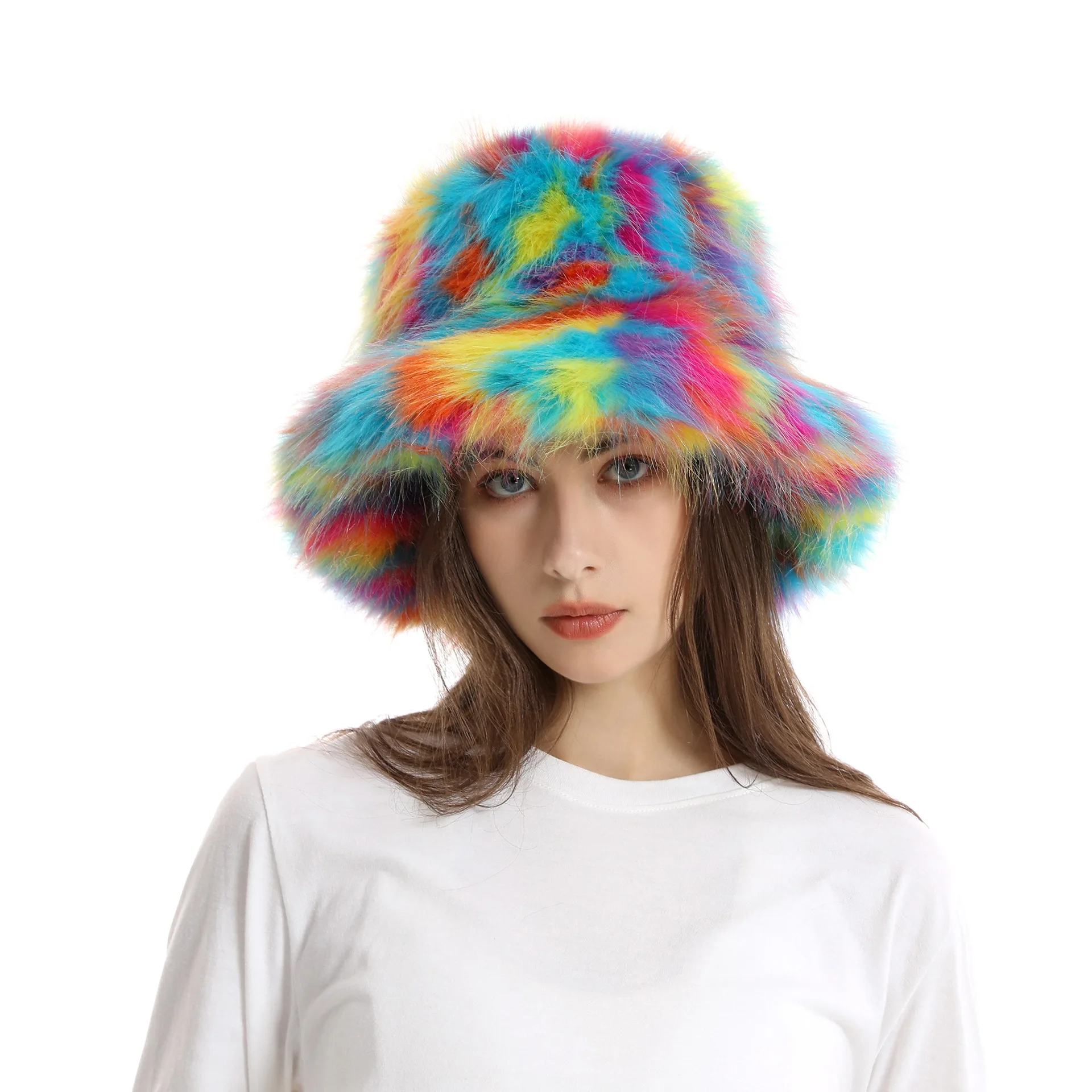 Women's Fuzzy Plush Bucket Hat, Fluffy, Furry, Faux Fur Caps, Rainbow, Cute, Girls, Winter