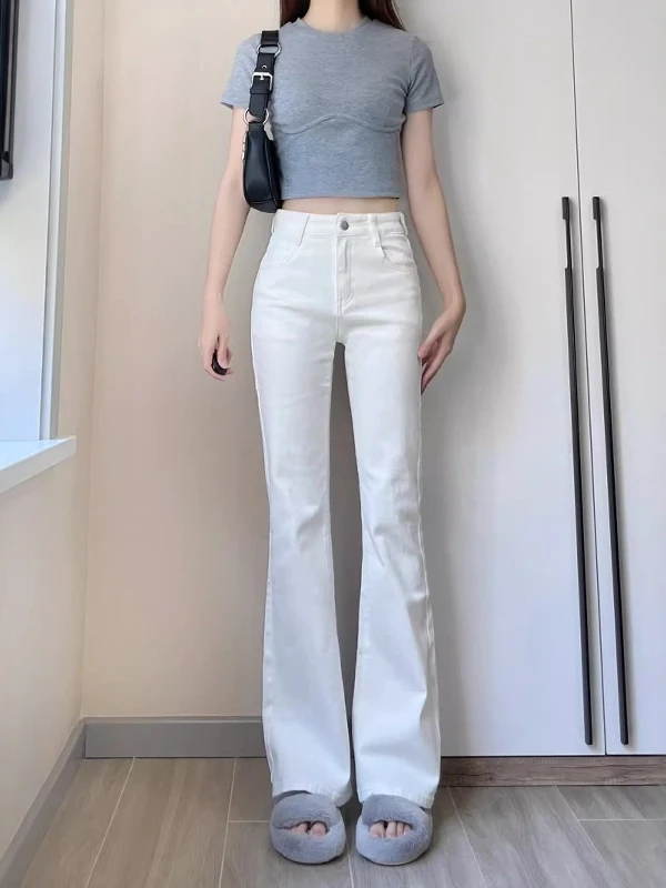 Celana Jeans Wanita Putih Slim Fit High Waist Bell Bot Ukuran Besar Musim Panas Tipis Model Lurus Panjang Menyentuh Lantai