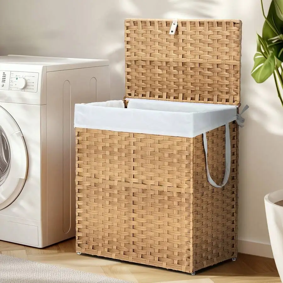 

Laundry Basket, 110L PP Rattan Foldable Hamper With Lid,Hand Woven Compartment Storage Basket Removable Liner