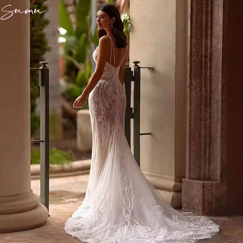 فاخر حورية البحر فستان الزفاف فستان الزفاف المطرزة الدانتيل الديكور مثير عارية الذراعين الخامس الرقبة حزام بلا أكمام Vestidos De Novia #4