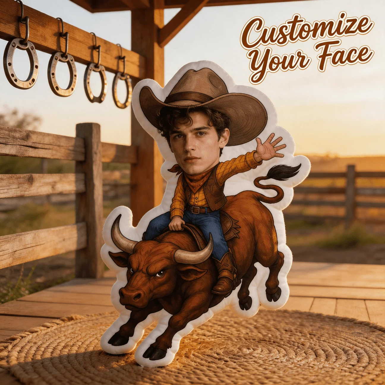 Custom Personalized Photo Face Pillow, Cowboy Riding Bull Character Custom Shaped Decorative Cushion, 60cm Home Decor Accent Pil
