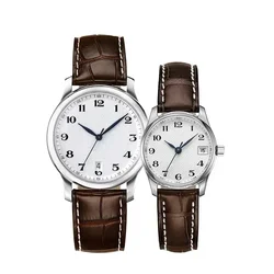 Luxo novo casal relógio mecânico masculino feminino automático couro marrom reloj hombre