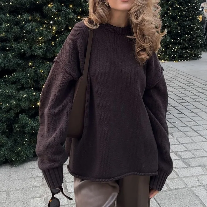 Damen Herbst und Winter Lazy Vacation Vielseitiger Rundhalspullover aus lockerer Wolle mit langen Ärmeln