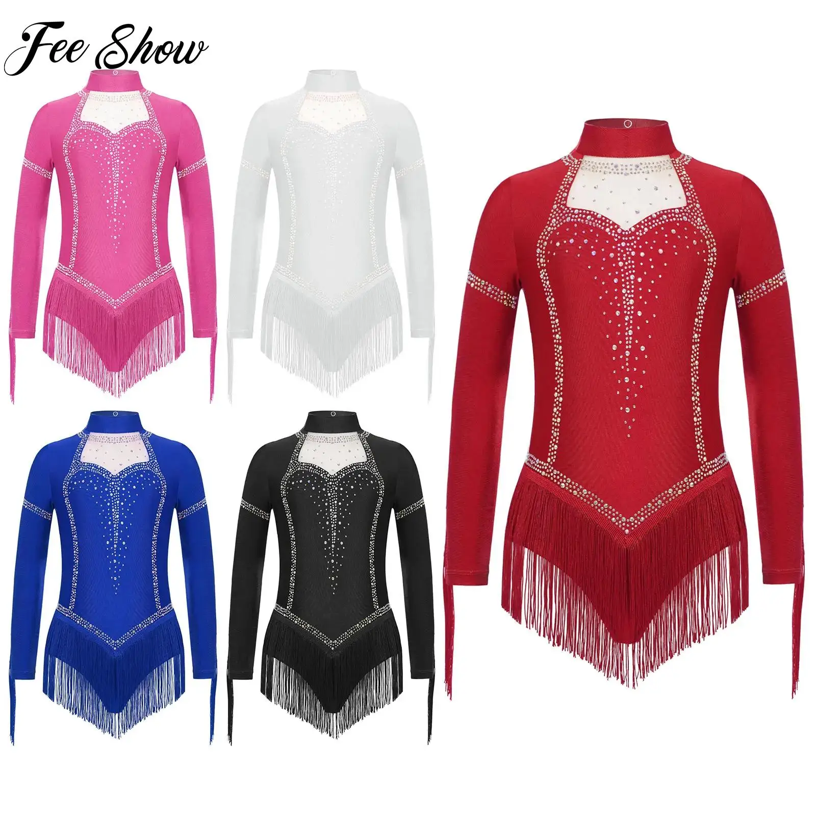Girls Tassels Latin Dance Leotard Cha-Cha Performance Costume Long Sleeve Rhinestones Fringe Ballroom Samba Dance Leotard Dress