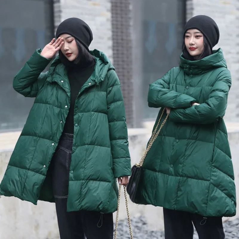 Women's Loose Hooded Puffer Coat, Warm Winter Jacket, Female Casual Solid Vintage Outerwears, Thick, Mid-length, Monochromatic