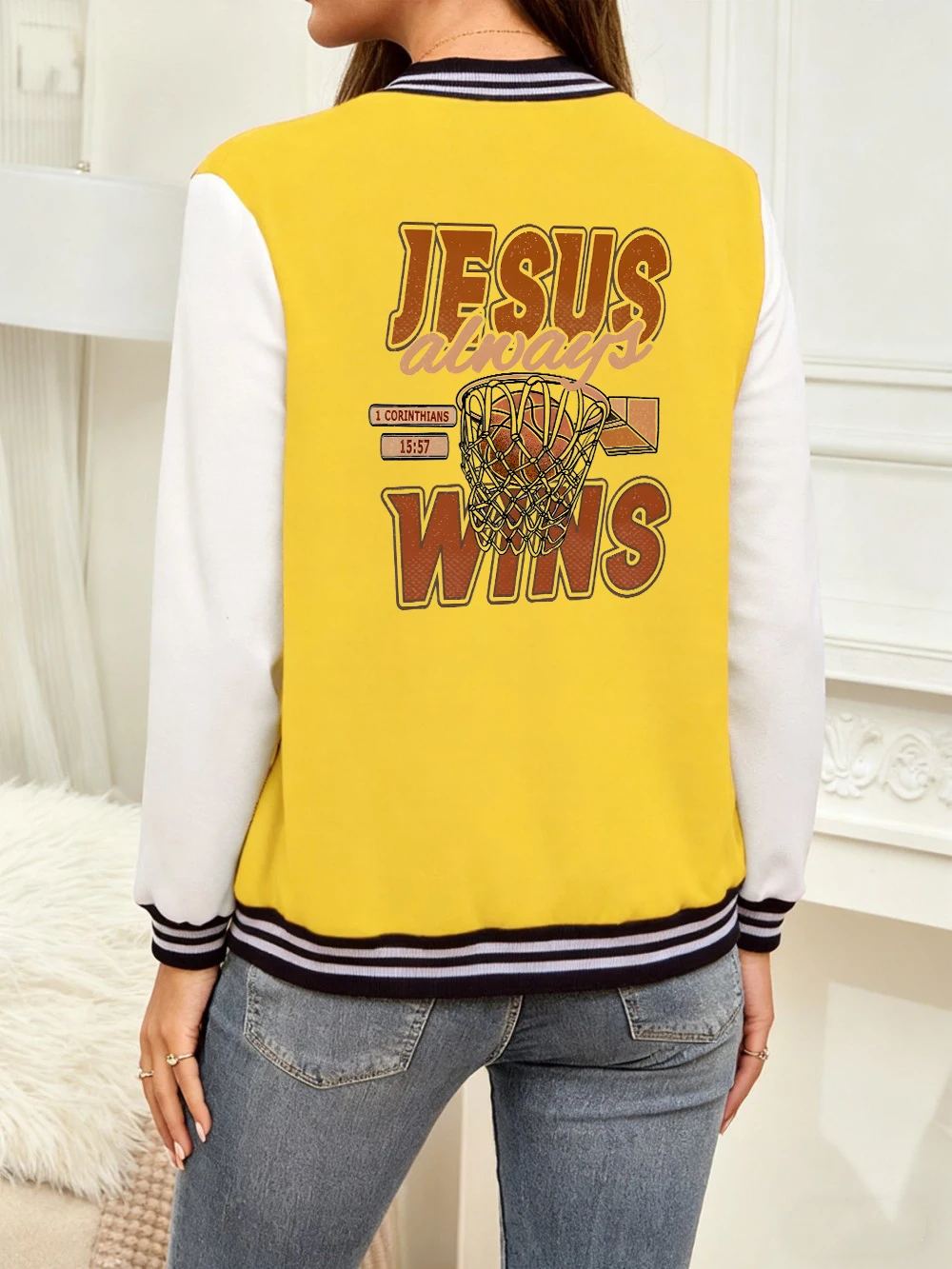

Jesus Always Wins Basketball Letter Printed Coats Womens Cotton Loose Baseball Jersey Winter Warm Jackets Basics Casual Clothes