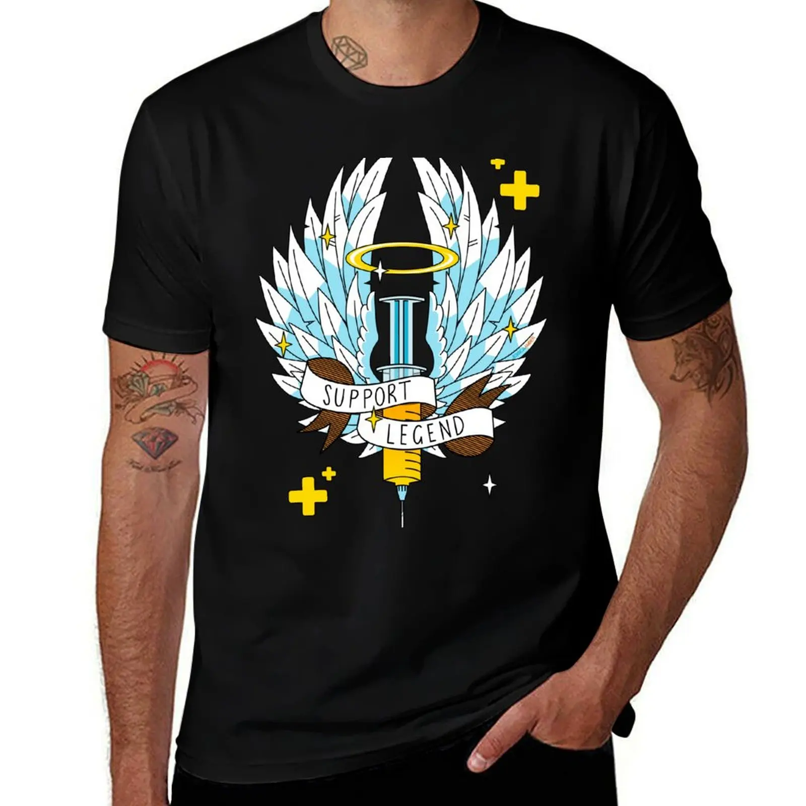 

Support Legend Gamer Yellow Blue Syringe Wings T-Shirt man t shirt summer man t shirt designer T-shirt