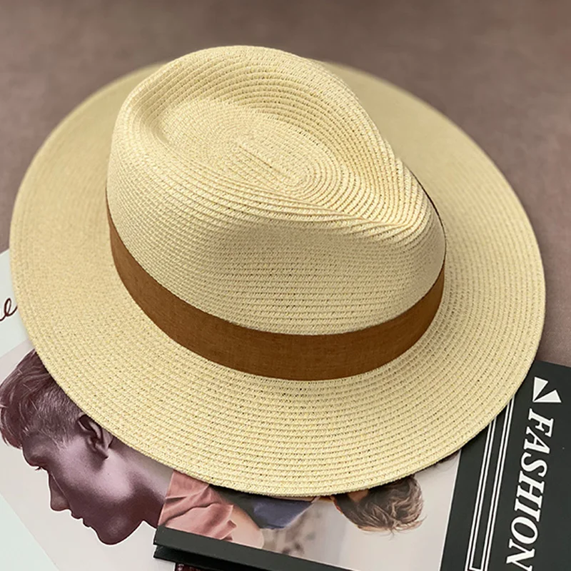 Chapéu de palha de panamá unisex chapéu de chapéu de chapéu fedora cabeça grande circunferência sun sombra proteção uv all-match moda ajustável breathabl