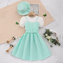 【Free Hat】 Cyan Dress Teens Girl Clothes Short Sleeve 8 9 10 11 12 Years Old Summer Casual Thin Freak 2 Pieces Clothing Women