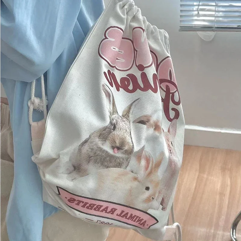 Japanese Sweet Rabbit Print Canvas Bags Fashion Preppy Y2k Aesthetic Students Backpacks All Match Kawaii Drawstring Schoolbags