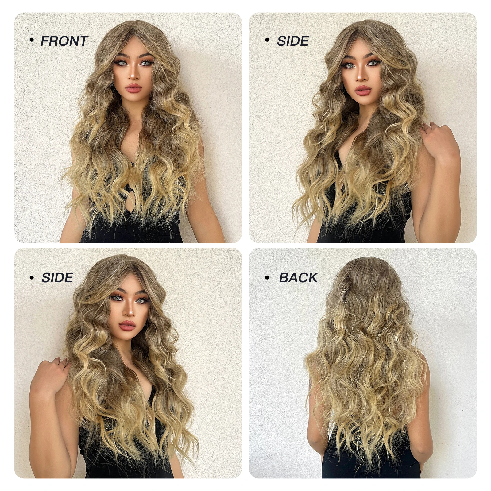 Long Curly Ombre Light Honey Brown Synthetic Wig with Bangs for Women Yellow Brown Wavy Cosplay Daily Hair Wigs Heat Resistant image 3