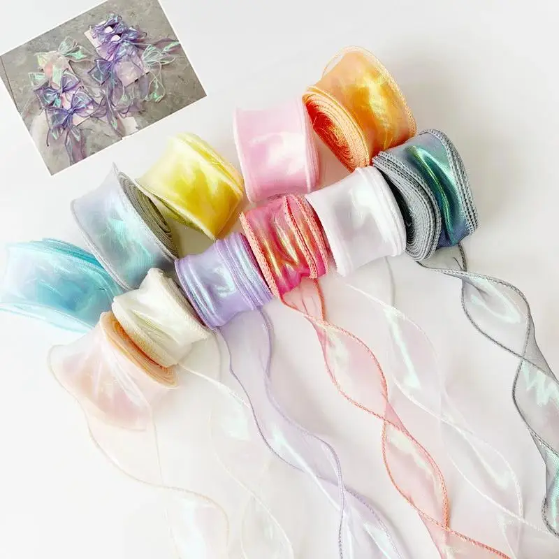 Regenboog Fishtail Garen Flowy Linten Golf Organza Kant DIY Boeket Verpakking Strik Materiaal Bruiloft Decoraties Naaien Stof Decor