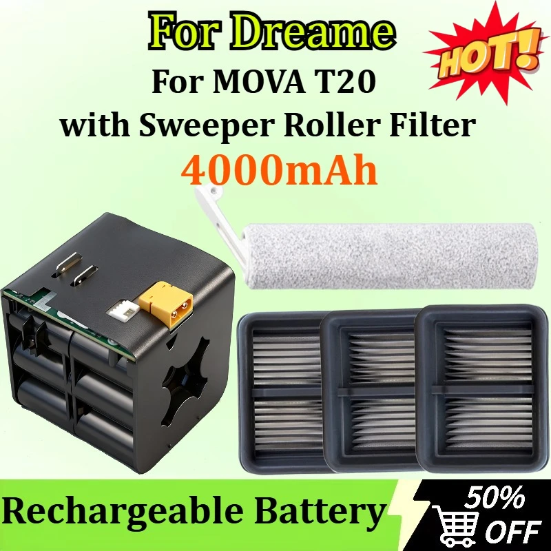 

New 4000mAh Battery for Dreame MOVA T20 Floor Scrubber Rechargeable Battery with Sweeper Roller Filter Accessories Replacement