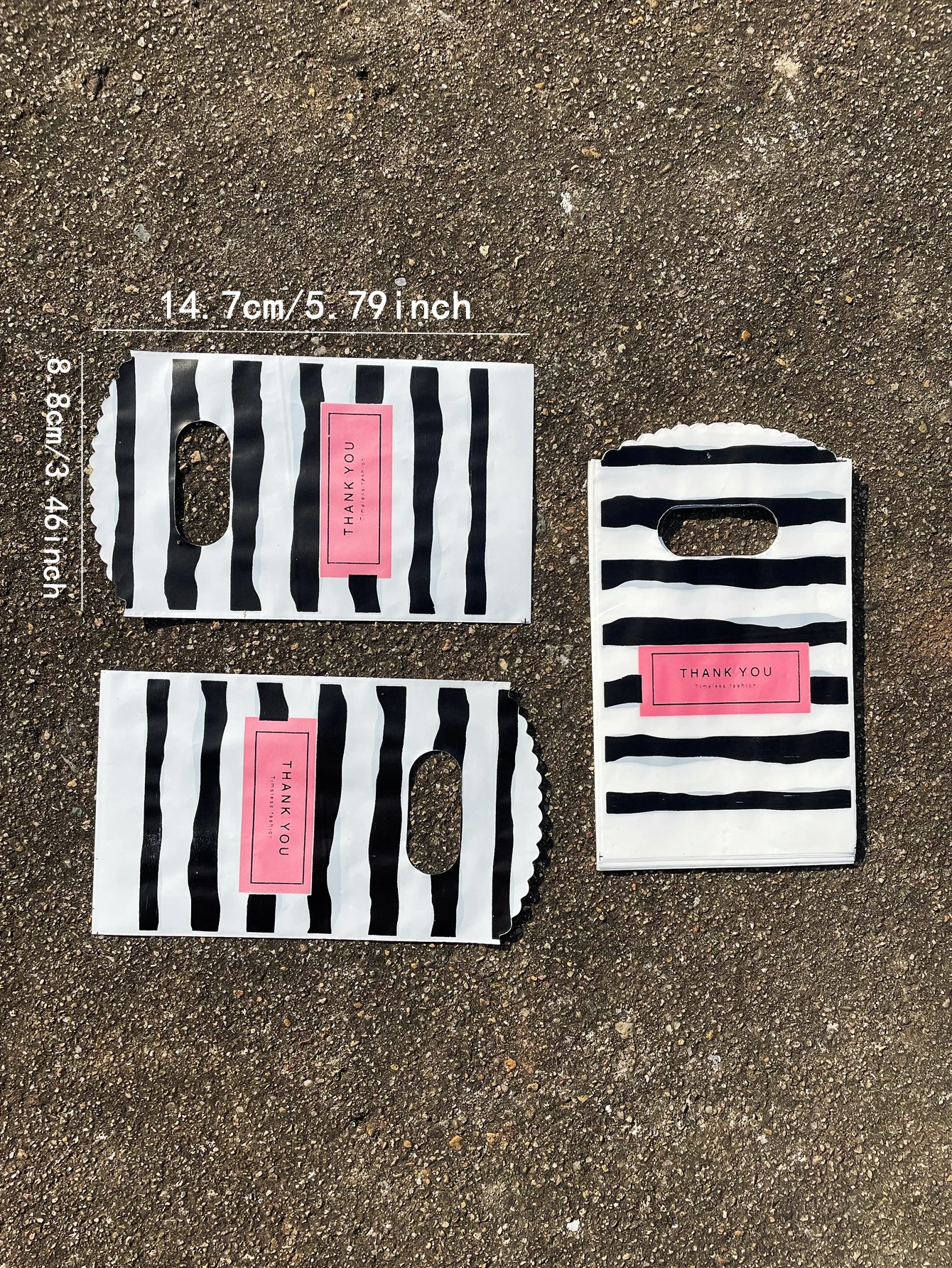 Mini Black Striped Printed Trinket Ring Bag, Thank You Shopping Tote Four Finger Flat Pocket, Boutique Shopping Bags For Shop