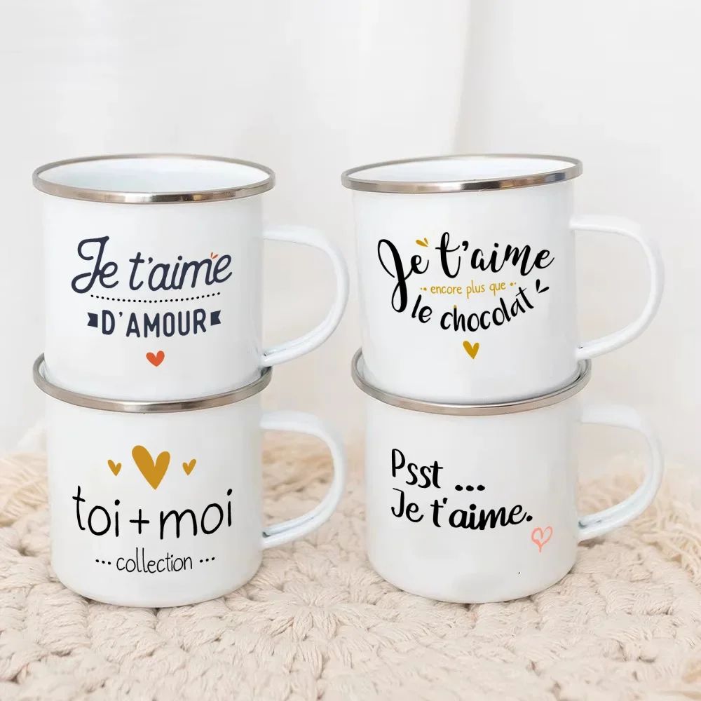 Je T'aime D'amour Printed Valentine's Day I Love You Enamel Mugs Valentine's Day Gift for Her or Him Coffee Cup Couple Gift