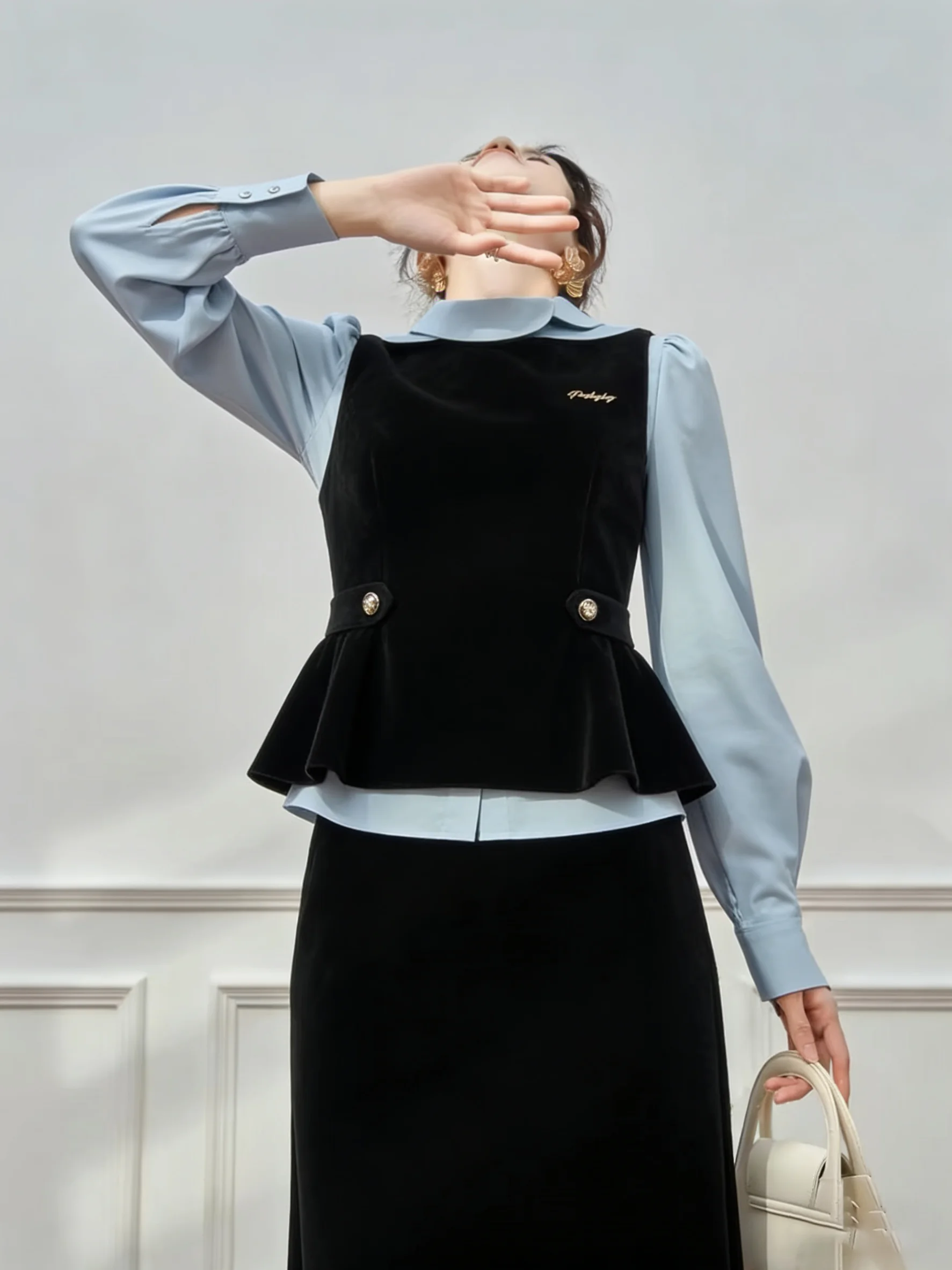 

Bla Vest irt f Skirt Set Women's Faion Spring Outfit High Waist Loose Fit Long Sve Casual Ensemble for Adults