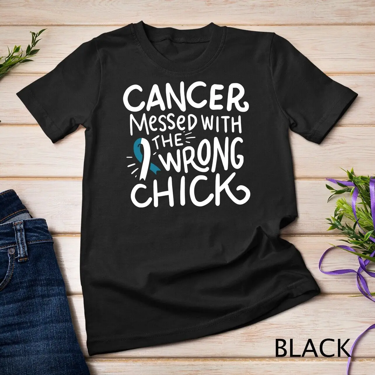 

Cervical Cancer Fighter Chemo Gift White and Teal Ribbon Unisex T-shirt