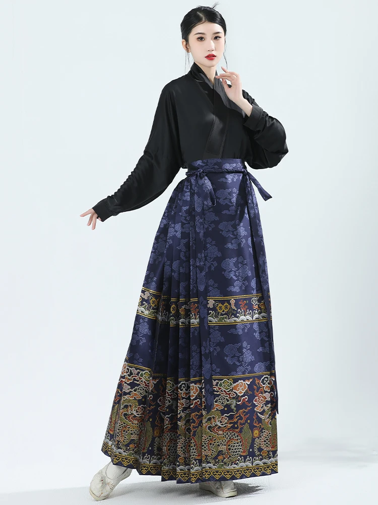 Hanfu-أكمام طائرات صينية للنساء ، نسيج محسن ، مكياج ذهبي ، زهرة مينغ ، تنورة وجه حصان ، شتاء ، صيني ، جديد