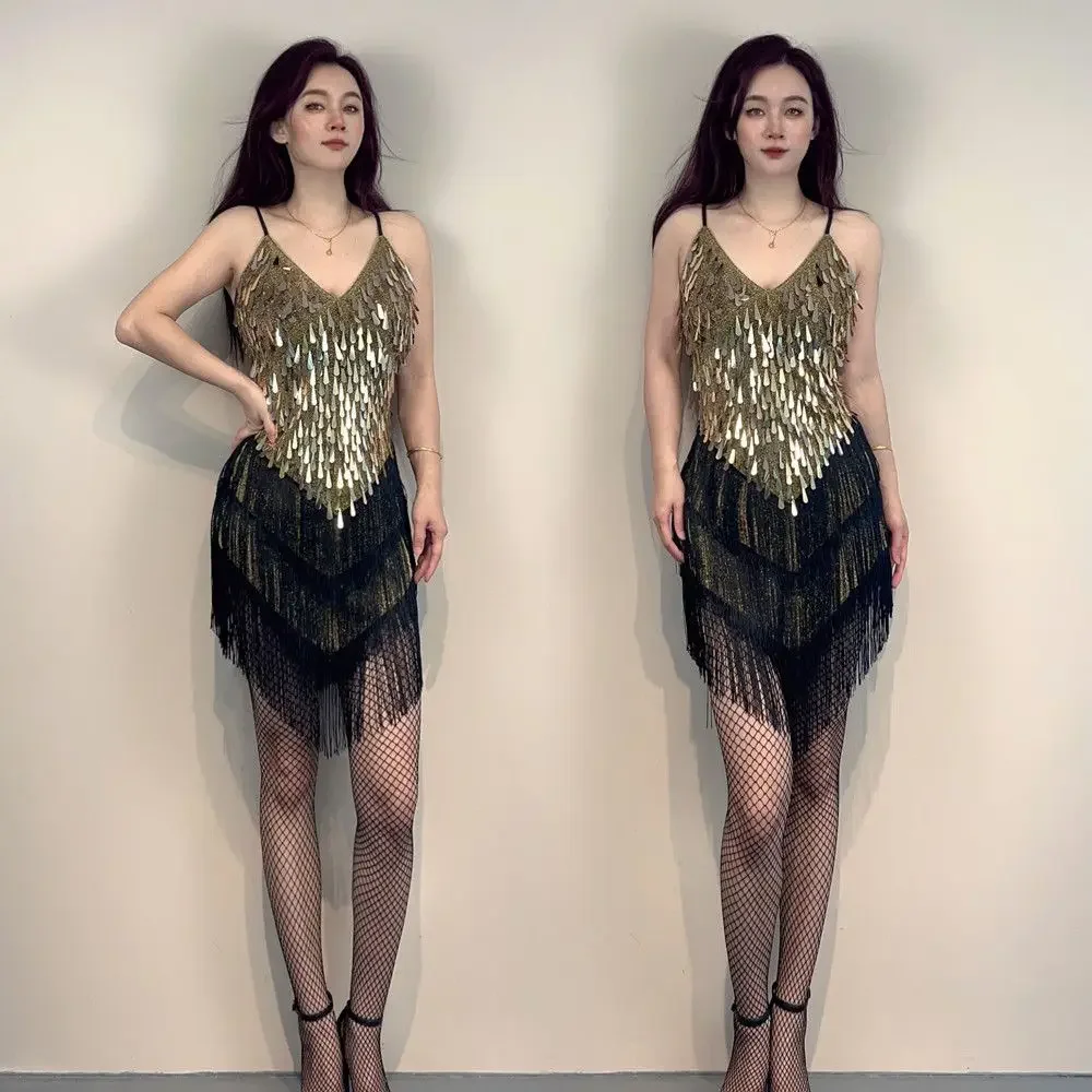 Robe de spectacle pour femmes, robe à paillettes, jupe de danse latine à franges, amincissante, irrégulière, pour fête, boîte de nuit, salle de bal, Standard
