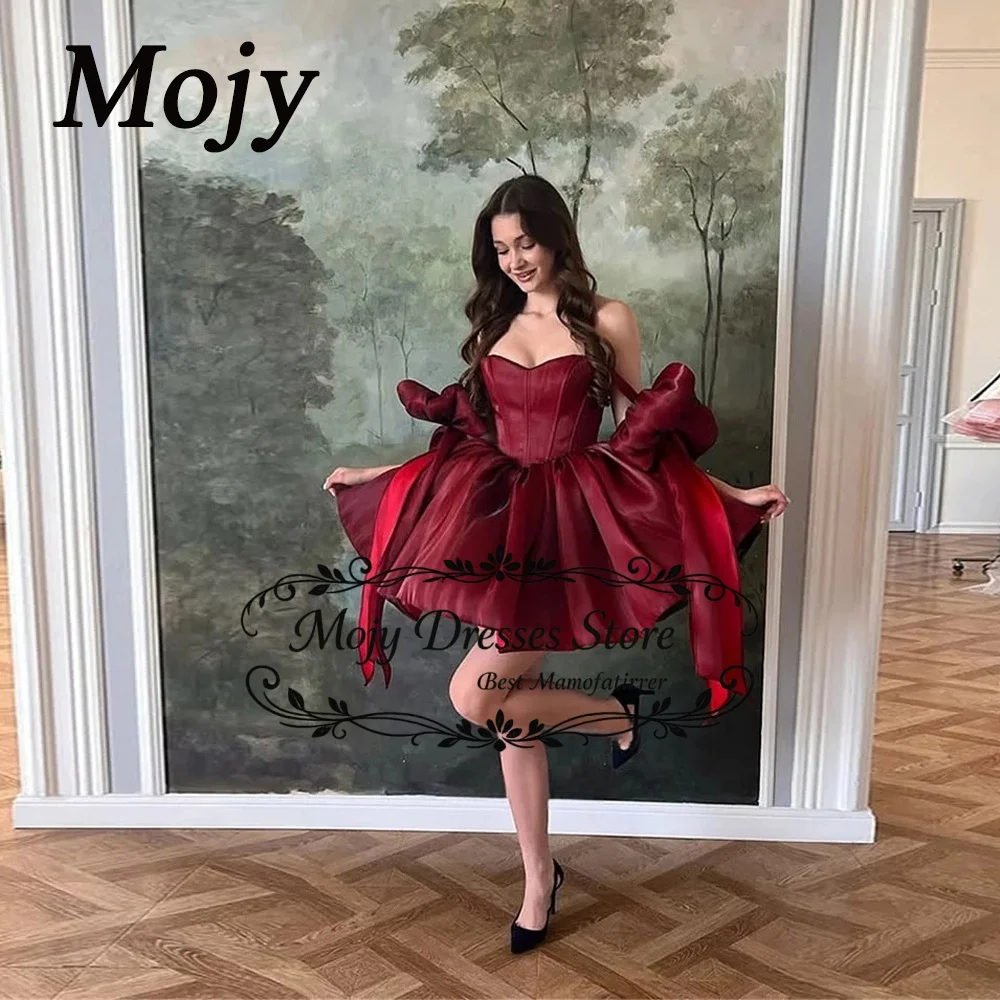 

Mojy Mini Square Neck Prom Dress Off Shoulder Burgundy Homecoming Dresses Satin Girly A Line 15 Quinceanera Dresses Customized