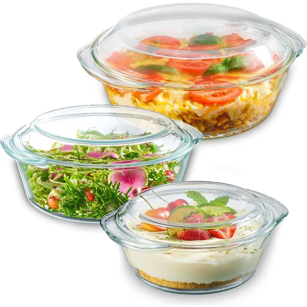 

Набор из 6 стеклянных салатников или форм для запекания - Прочный набор посуды из боросиликатного стекла с крышками, пригодный для использования в микроволновой печи, круглые кастрюли с крышками