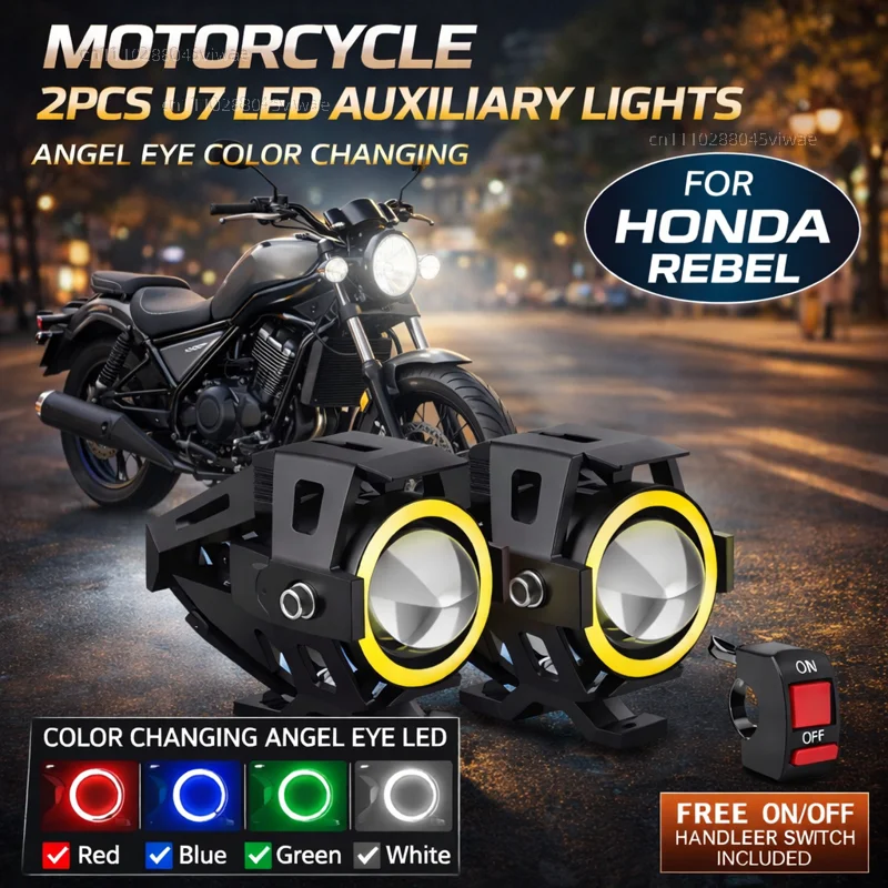 Waterproof Motorcycle LED Headlight 3000LMW U7 Motorbike LED Driving Fog Spot Light with Switch For Honda Rebel 300 Rebel 500