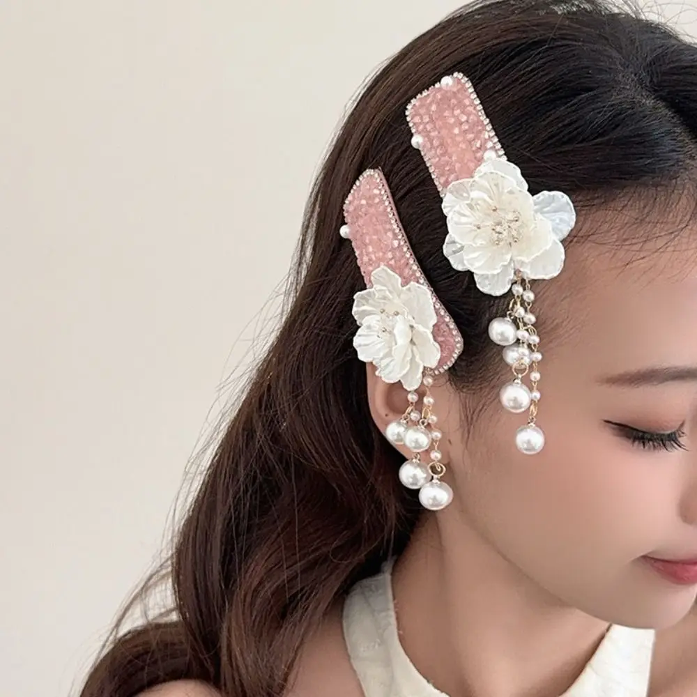 

Vintage Pearl Tassel Barrettes Elegant Flower Bling Crystal Hairpins Retro Trendy Chinese Style Side Clip Cheongsam Decoration
