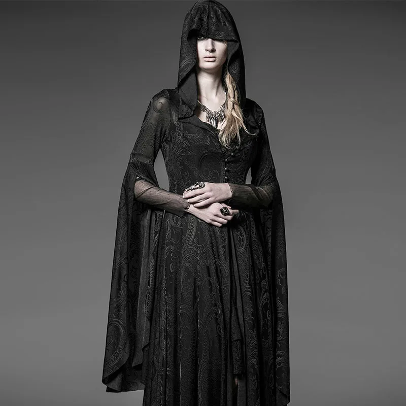 

Halloween new hooded ladies knitted dress slim and thin cosplay court goth dark costume