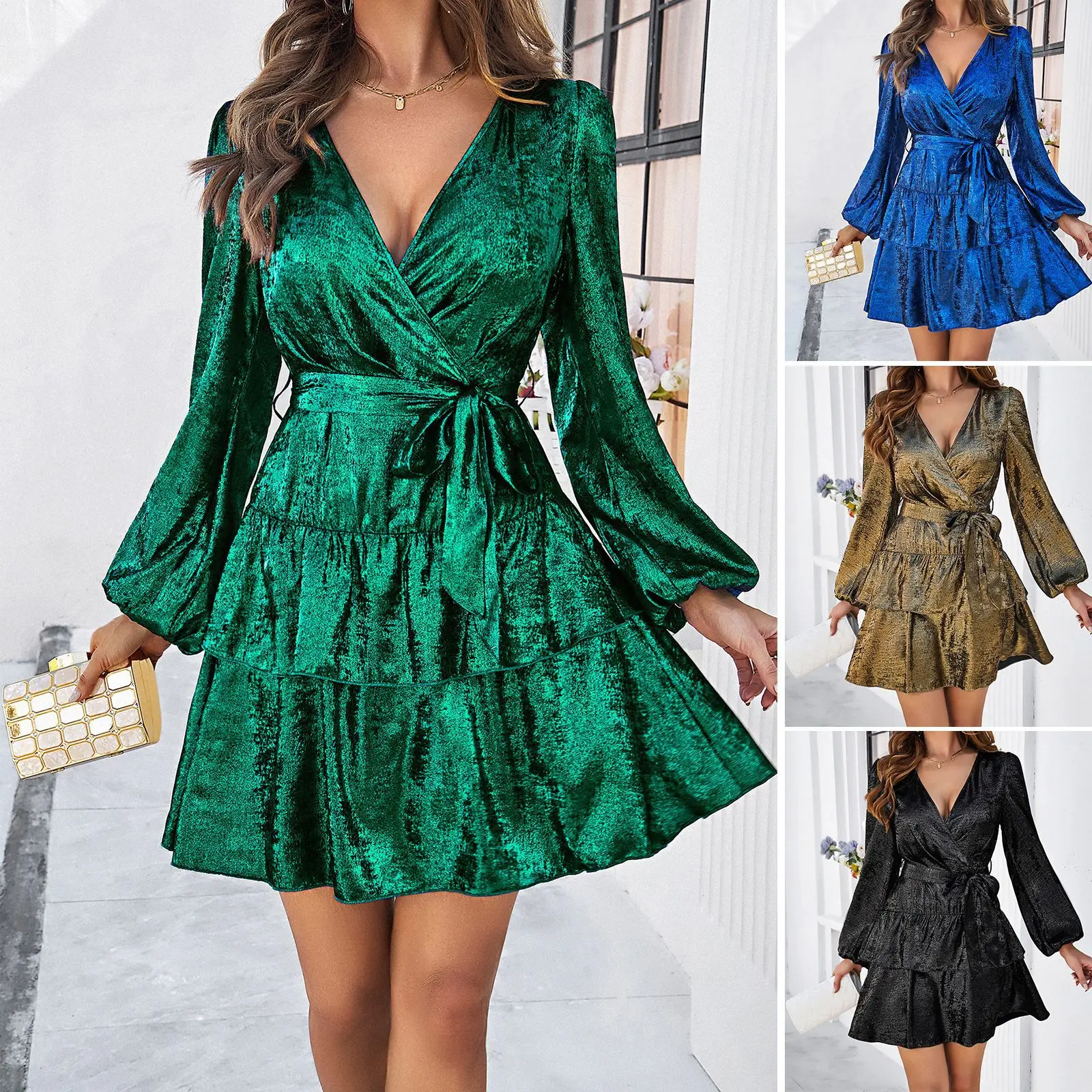 

Women's Spring/Summer 2025 Sexy V-Neck Lace-Up Bubble Sleeve Dress